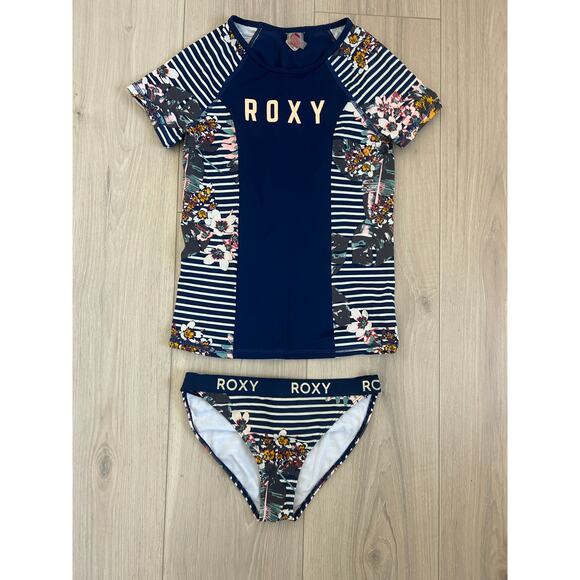 Roxy Girl Size Large (12) Two Piece Swimsuit - Short Sleeve Rashguard + Bottom - Picture 2 of 5